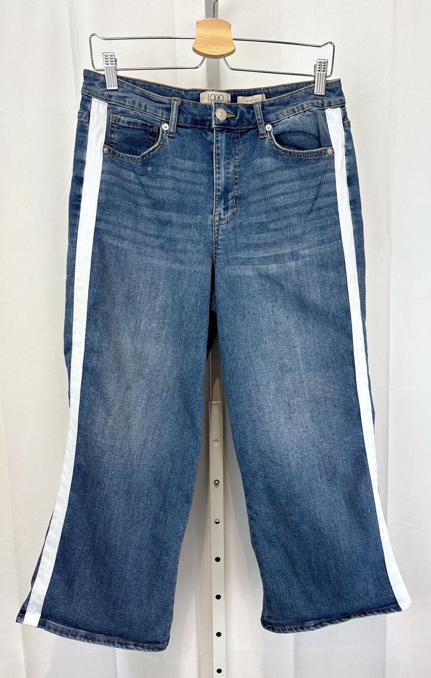 LOGO by Lori Goldstein Wide Leg Jeans A598819 Side Stripe Cropped Blue Size 10